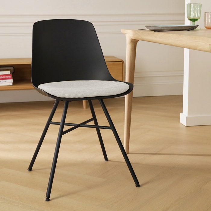 Noa-Liv eetkamerstoel zwart met naturelbeige zitkussen - zwart onderstel - comfortabel - japandi -  vergaderstoel