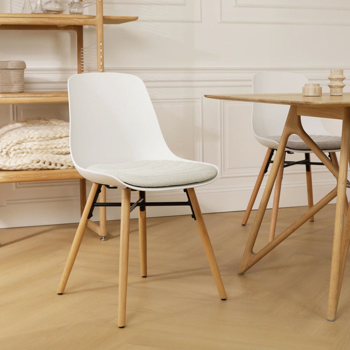 Nena-Liv eetkamerstoel wit met naturelbeige zitkussen - houten onderstel - kunststof - comfortabel - scandinavisch -modern