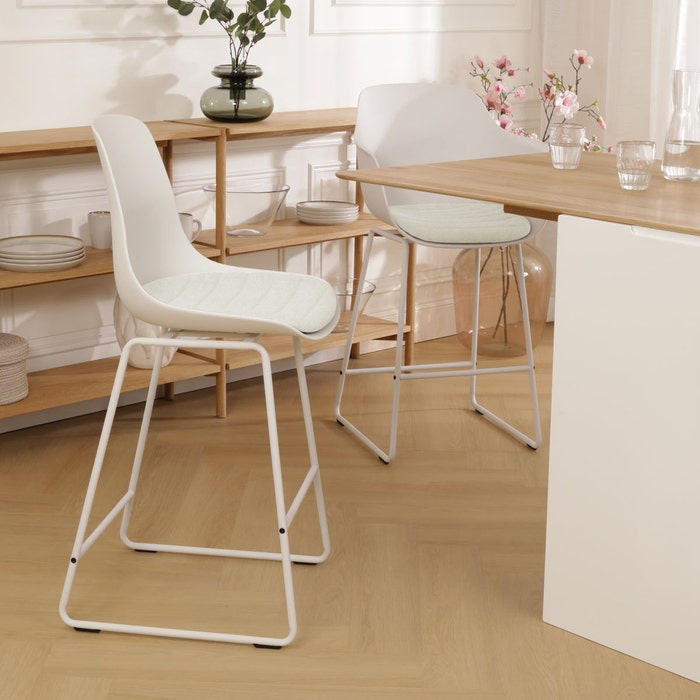 Nino-Liv barkruk wit met naturelbeige zitkussen - wit onderstel - 65 cm - japandi -keukenblad - kookeiland - kunststof -  scandinavisch