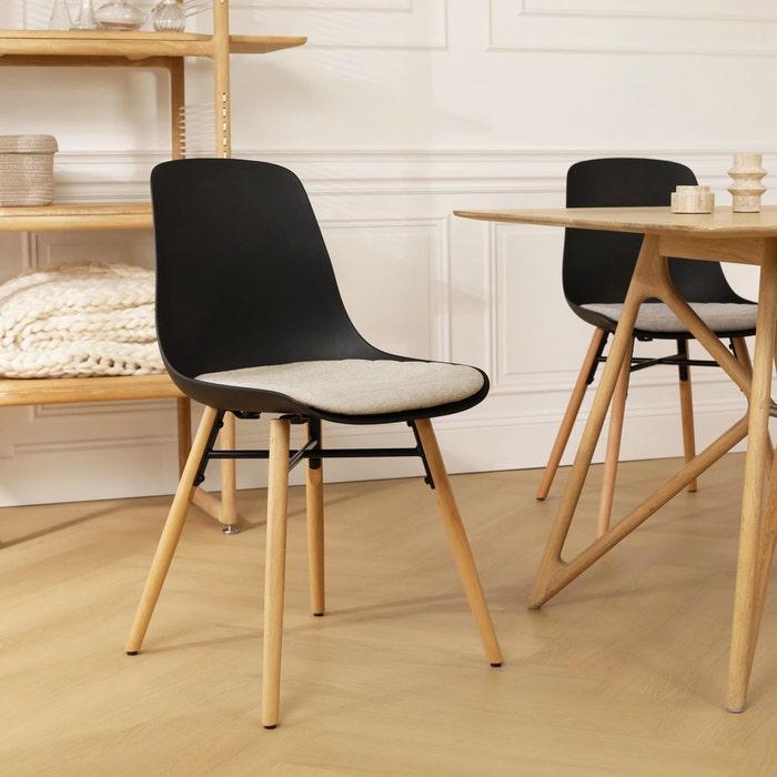 Nena-Liv eetkamerstoel zwart met nougatbruin zitkussen - houten onderstel - comfortabel - modern -  japandi