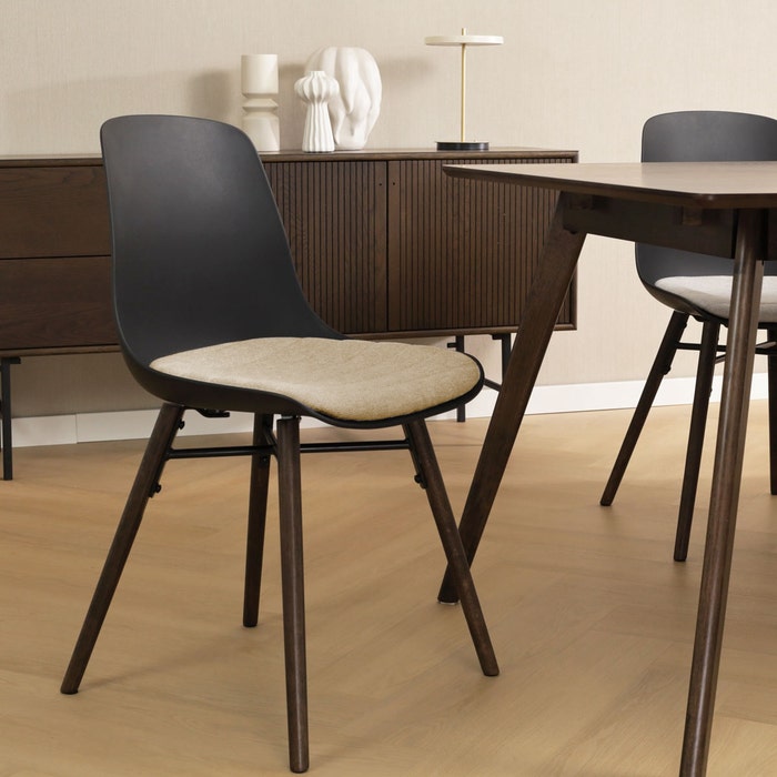 Nena-Liv eetkamerstoel zwart met nougatbruin zitkussen - walnoot houten onderstel - comfortabel - vergaderstoel - japandi