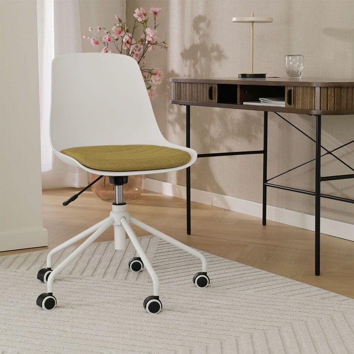 Nout-Liv eetkamerstoel wit met mosgroen zitkussen - wit onderstel - verstelbaar - comfortabel - scandinavisch -modern - burostoel