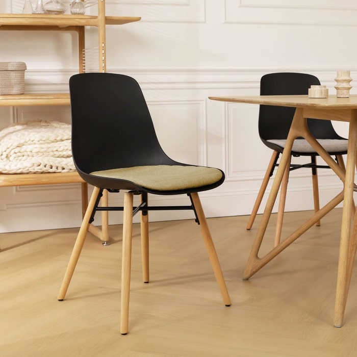 Nena-Liv eetkamerstoel zwart met mosgroen zitkussen - houten onderstel - kunststof - comfortabel - rugleuning - vergaderstoel - japandi - scandinavisch