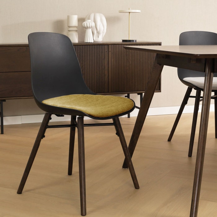 Nena-Liv eetkamerstoel zwart met mosgroen zitkussen - walnoot houten onderstel - rugleuning - kunststof - comfortabel - scandinavisch - japandi - modern