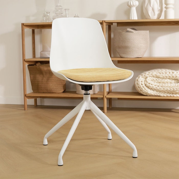 Nola-Liv draaibare eetkamerstoel wit met warm oker zitkussen - wit onderstel 