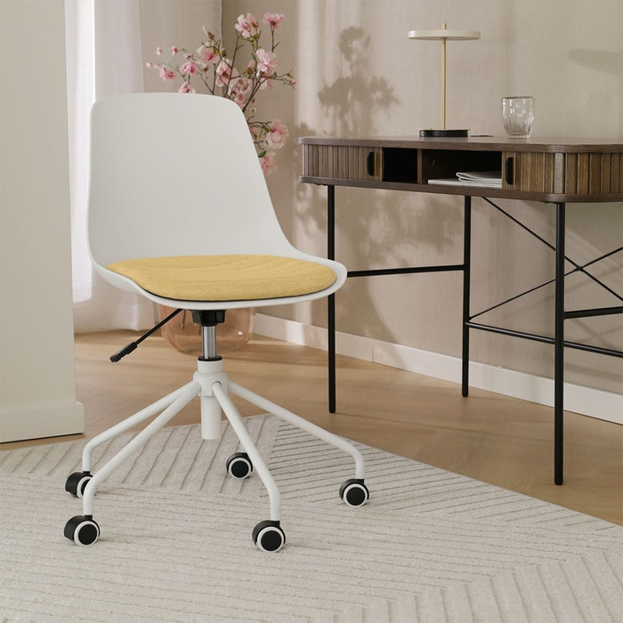 Nout-Liv eetkamerstoel wit met warm oker zitkussen - wit onderstel 