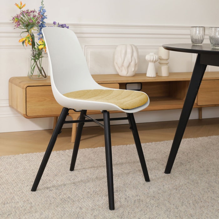 Nena-Liv eetkamerstoel wit met warm oker zitkussen - zwart houten onderstel 