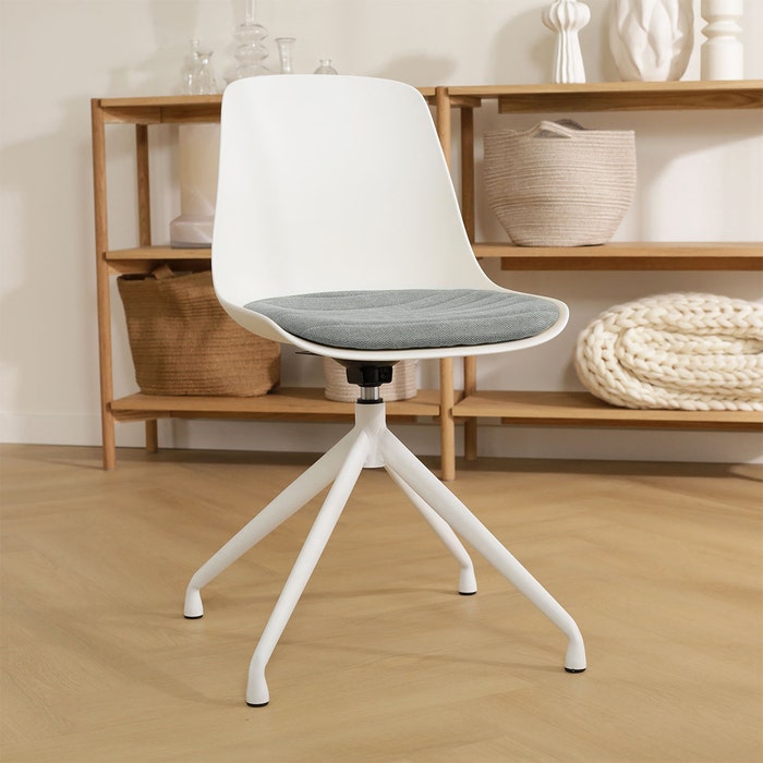 Nola-Liv draaibare eetkamerstoel wit met zeegrijs zitkussen - wit onderstel - comfortabel - vergaderstoel - japandi