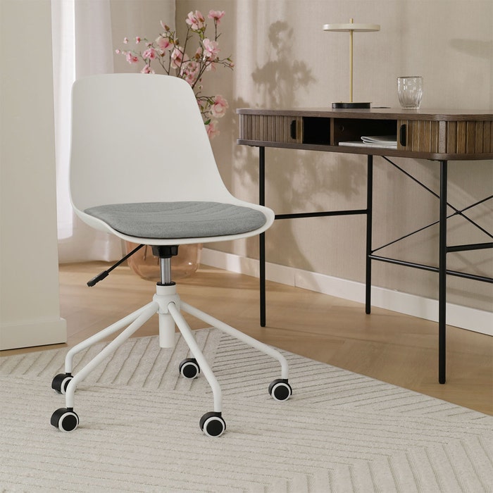 Nout-Liv eetkamerstoel wit met zeegrijs zitkussen - wit onderstel - verstelbaar - comfortabel - scandinavisch -modern - burostoel