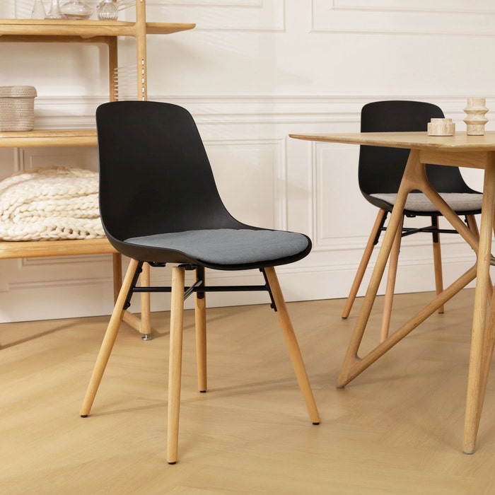 Nena-Liv eetkamerstoel zwart met zeegrijs zitkussen - houten onderstel - kunststof -scandinavisch - japandi - comfortabel