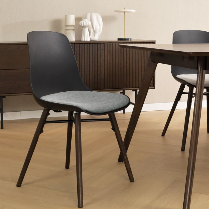 Nena-Liv eetkamerstoel zwart met zeegrijs zitkussen - walnoot houten onderstel - modern - kunststof - vergaderstoel - scandinavisch - japandi - comfortabel