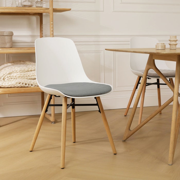 Nena-Liv eetkamerstoel wit met zeegrijs zitkussen - houten onderstel - kunststof - comfortabel - scandinavisch -modern