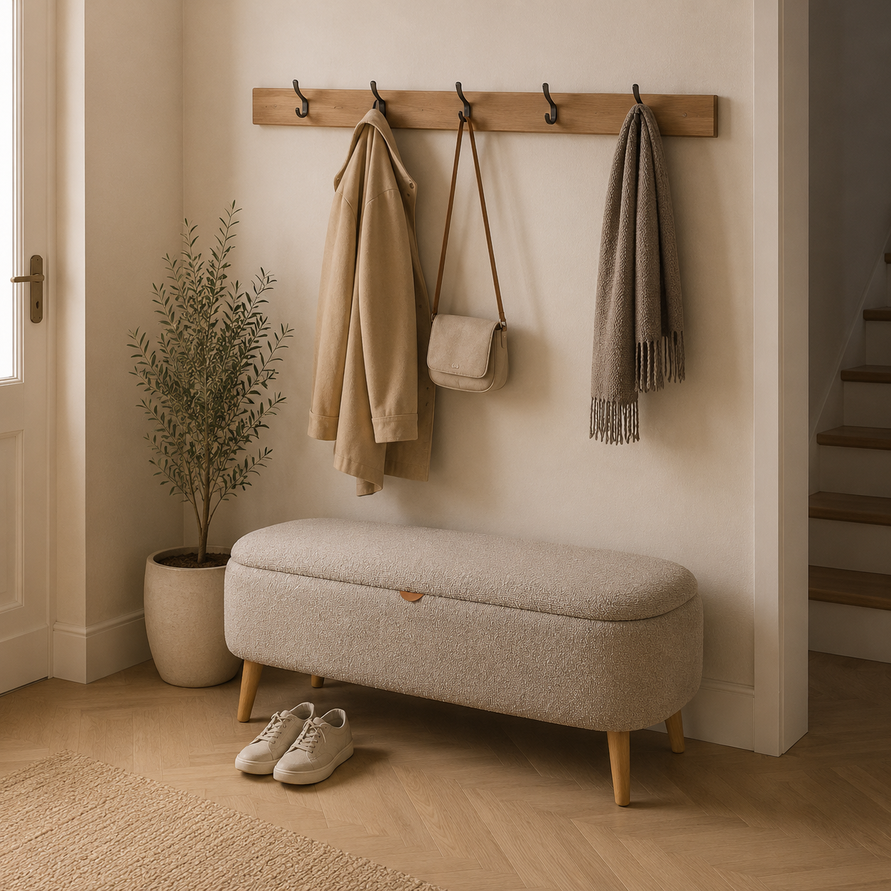 Juna bankje met opbergruimte bouclé taupe - 95 x 37 cm - halbankje -  stof - opbergbankje