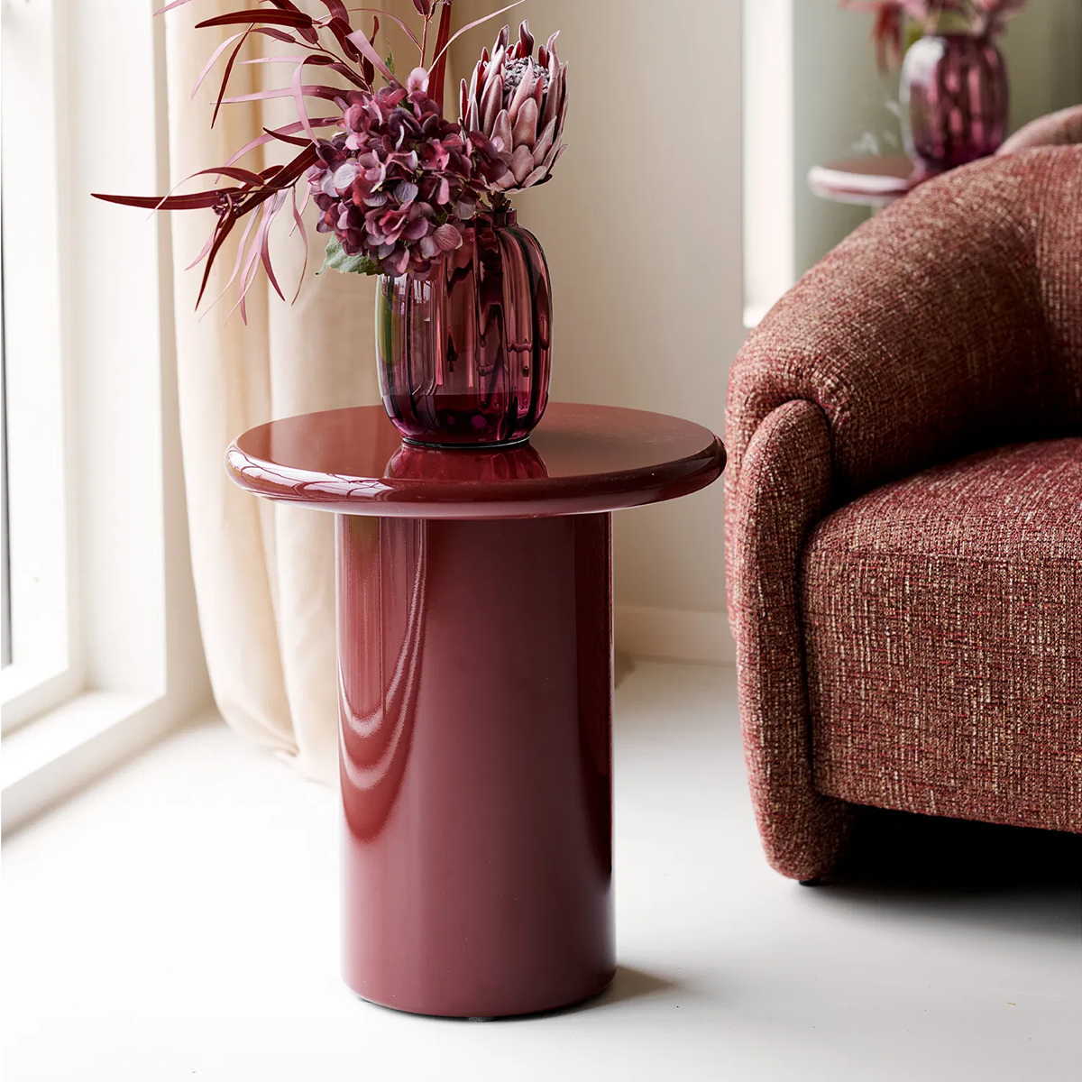 Nelly houten bijzettafel rood - Ø45 bordeauxrood - hoogglans - retro