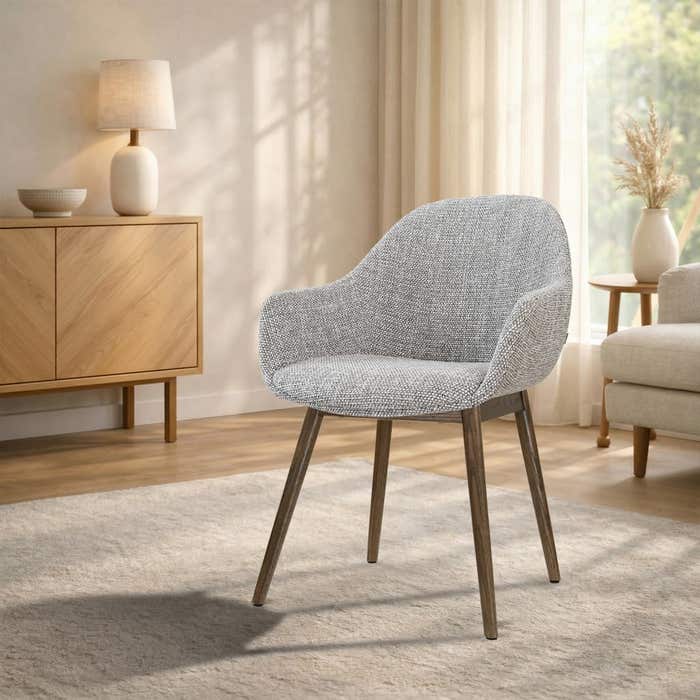 Nio-Mae eetkamerstoel grijs blend - walnoot houten onderstel - japandi - elegant - armstoel
