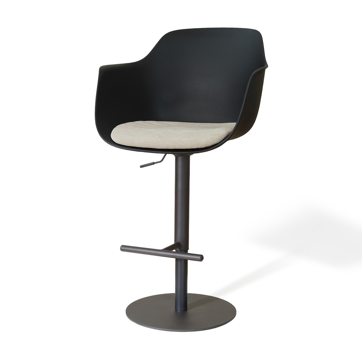 Niva-Liz draaibare tulp barkruk zwart met naturelbeige zitkussen - verstelbaar - mat zwart onderstel