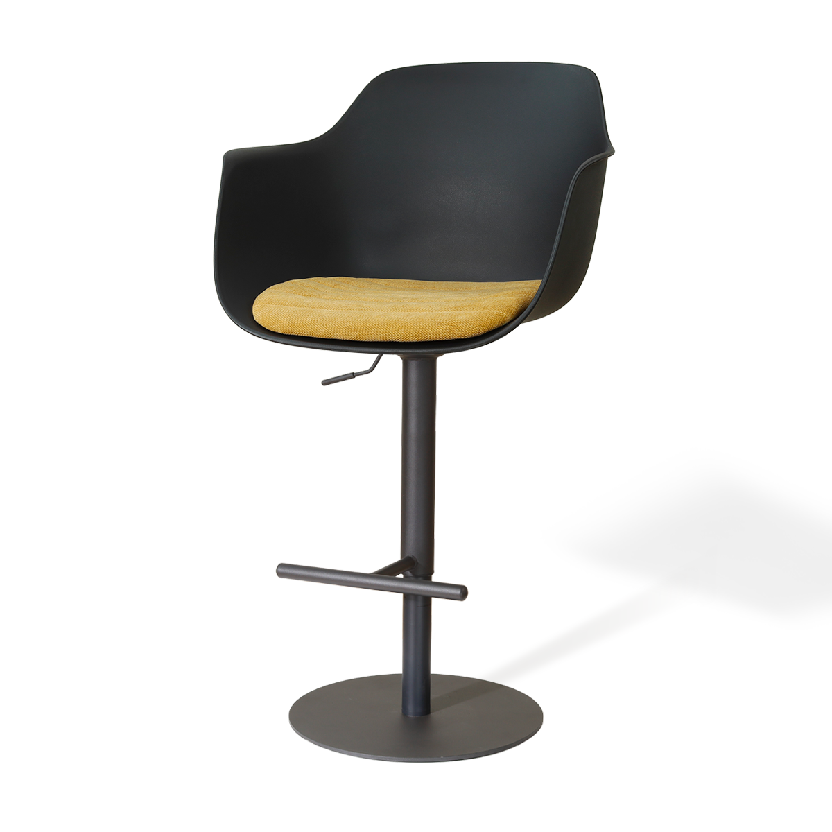 Niva-Liz draaibare tulp barkruk zwart met warm oker zitkussen - verstelbaar - mat zwart onderstel