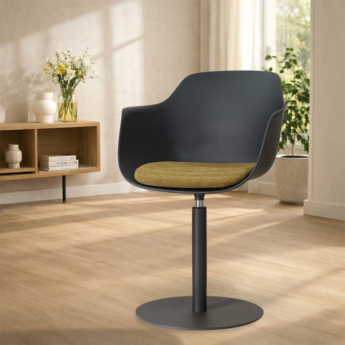 Niva-Liz draaibare tulp eetkamerstoel zwart met mosgroen zitkussen - mat zwart onderstel - comfortabel - kunststof - modern