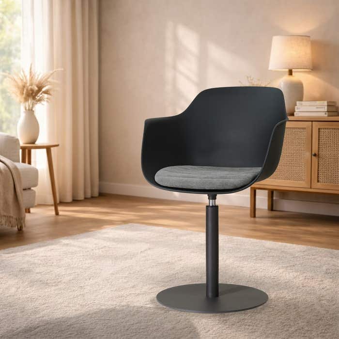 Niva-Liz draaibare tulp eetkamerstoel zwart met zeegrijs zitkussen - mat zwart onderstel - armleuning - comfortabel - scandinavisch