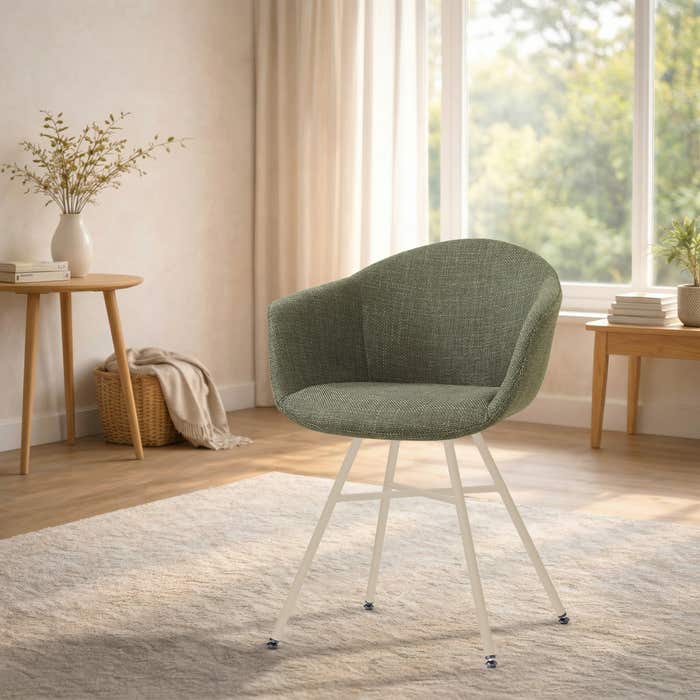 Noa-Otis eetkamerstoel forestgroen - beige onderstel - armleuning - comfortabel - japandi - stoffen