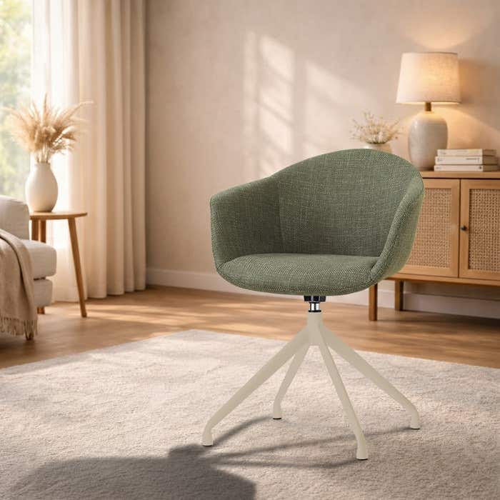 Nola-Otis draaibare eetkamerstoel forestgroen - beige onderstel - armleuning - comfortabel - japandi - stoffen