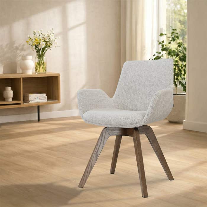 Noor-Eef draaibare eetkamerstoel beige gemêleerd - walnoot houten onderstel - japandi - armleuning - stijlvol