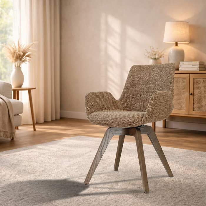 Noor-Eef draaibare eetkamerstoel bruin blend - walnoot houten onderstel - armleuning  - japandi - comfortabel