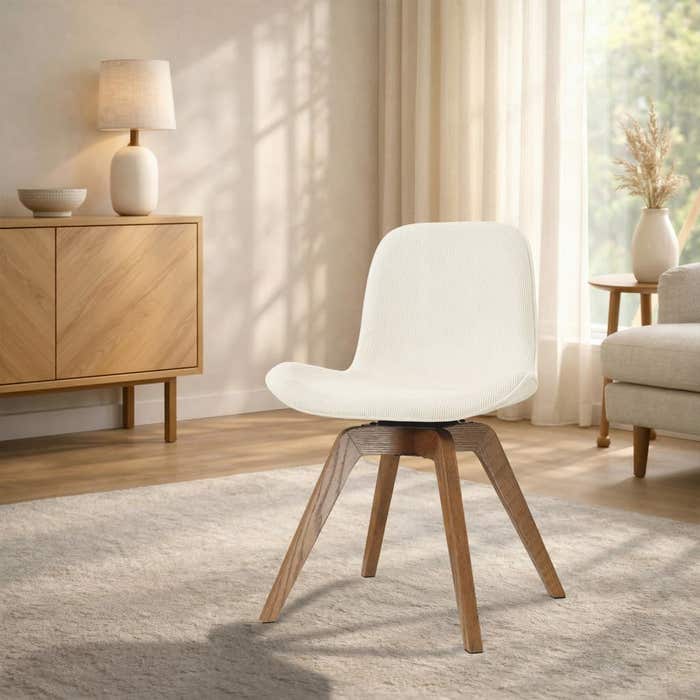 Noor-Fé draaibare eetkamerstoel rib beige - walnoot houten onderstel - elegant - japandi - zachte zitting