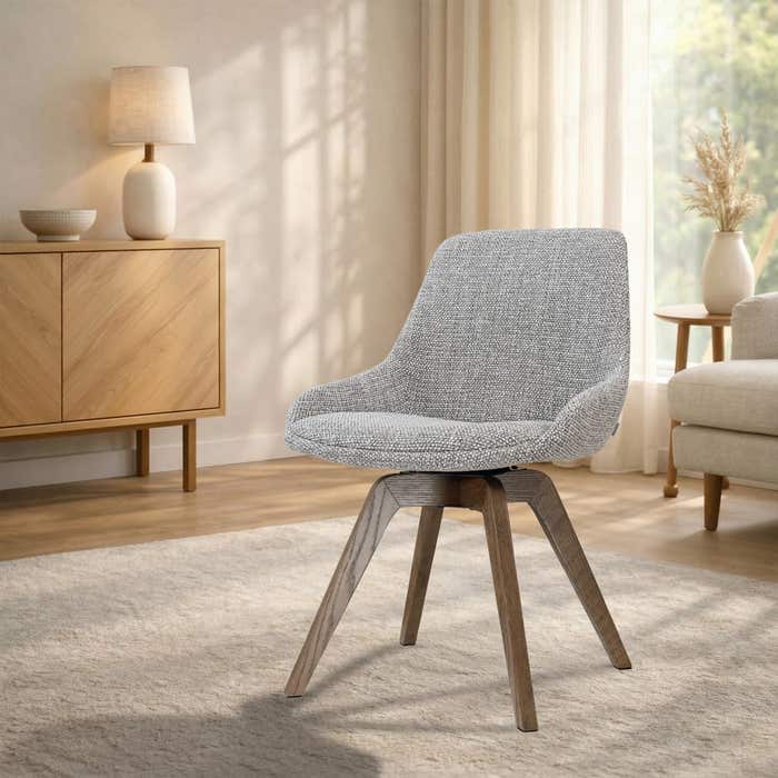 Noor-Isa draaibare eetkamerstoel grijs blend - walnoot houten onderstel - stoffen zitting - scandinavisch - tijdloos