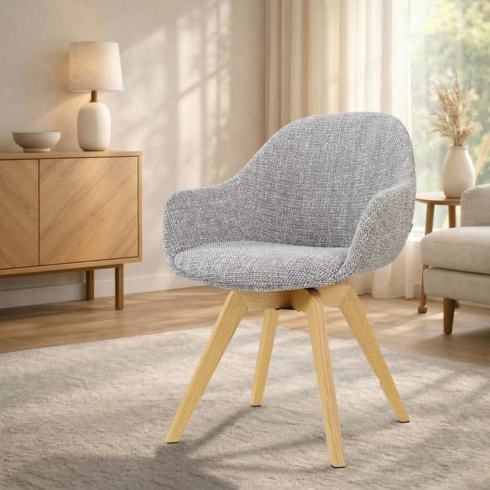 Noor-Mae draaibare eetkamerstoel grijs blend - houten onderstel - 360° - scandinavisch - armleuning