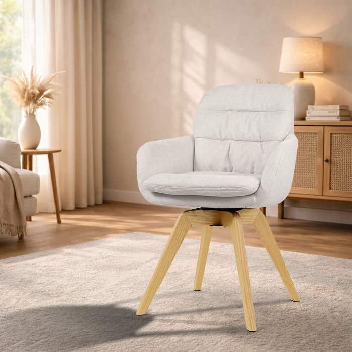 Noor-Mia draaibare eetkamerstoel beige - houten onderstel - comfortabel - scandinavisch - stoffen zitting