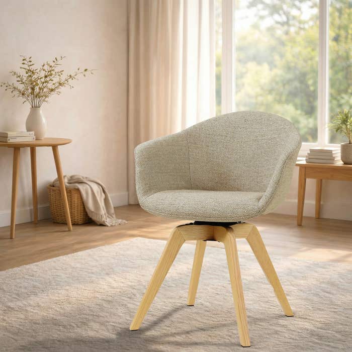 Noor-Otis draaibare eetkamerstoel taupe melange - houten onderstel - armstoel - comfortabele zitting - scandinavisch