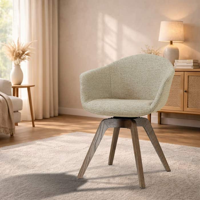 Noor-Otis draaibare eetkamerstoel taupe melange - walnoot houten onderstel - comfortabel - stoffen - japandi