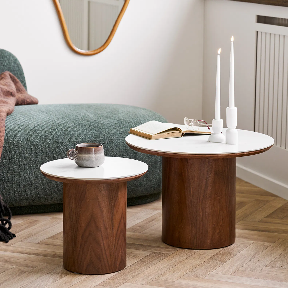 Nour houten bijzettafel met keramiek blad donkerbruin - Ø40 wit - marmer - essenhout - salontafel