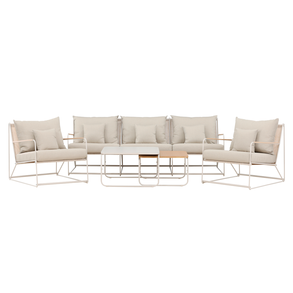 Paolo 4 delige tuin loungeset beige - driezitsbank, twee fauetuils en twee salontafels - met beige zitkussens 