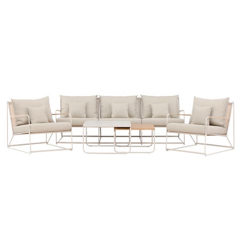 Paolo 4 delige tuin loungeset beige - driezitsbank, twee fauteuils en twee salontafels - met beige zitkussens