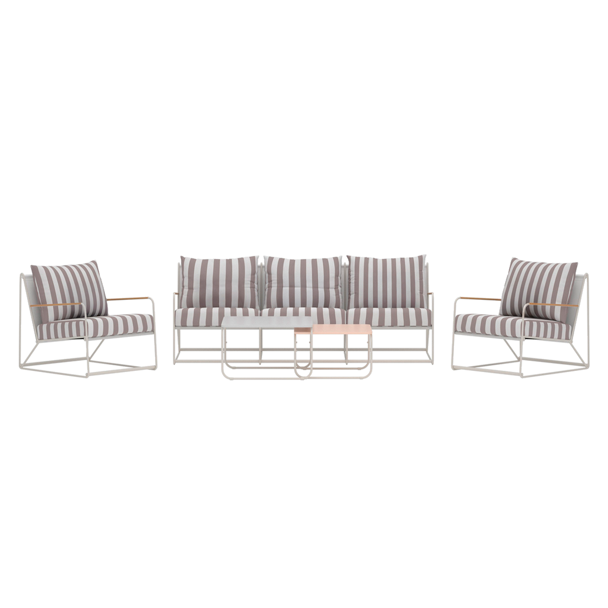 Paolo 4 delige tuin loungeset beige - driezitsbank, twee fauetuils en twee salontafels - met wit gestreepte zitkussens 