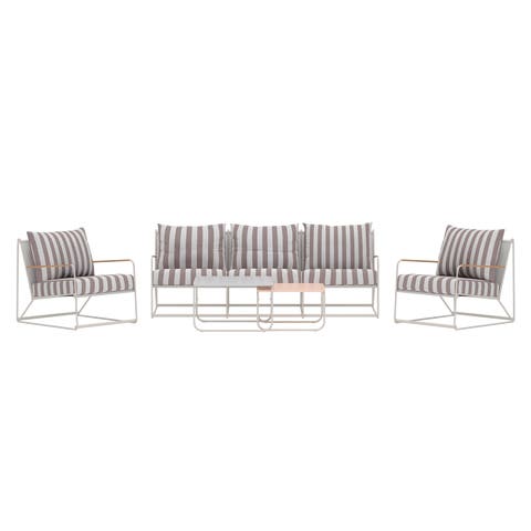 Paolo 4 delige tuin loungeset beige - driezitsbank, twee fauteuils en twee salontafels - met wit gestreepte zitkussens