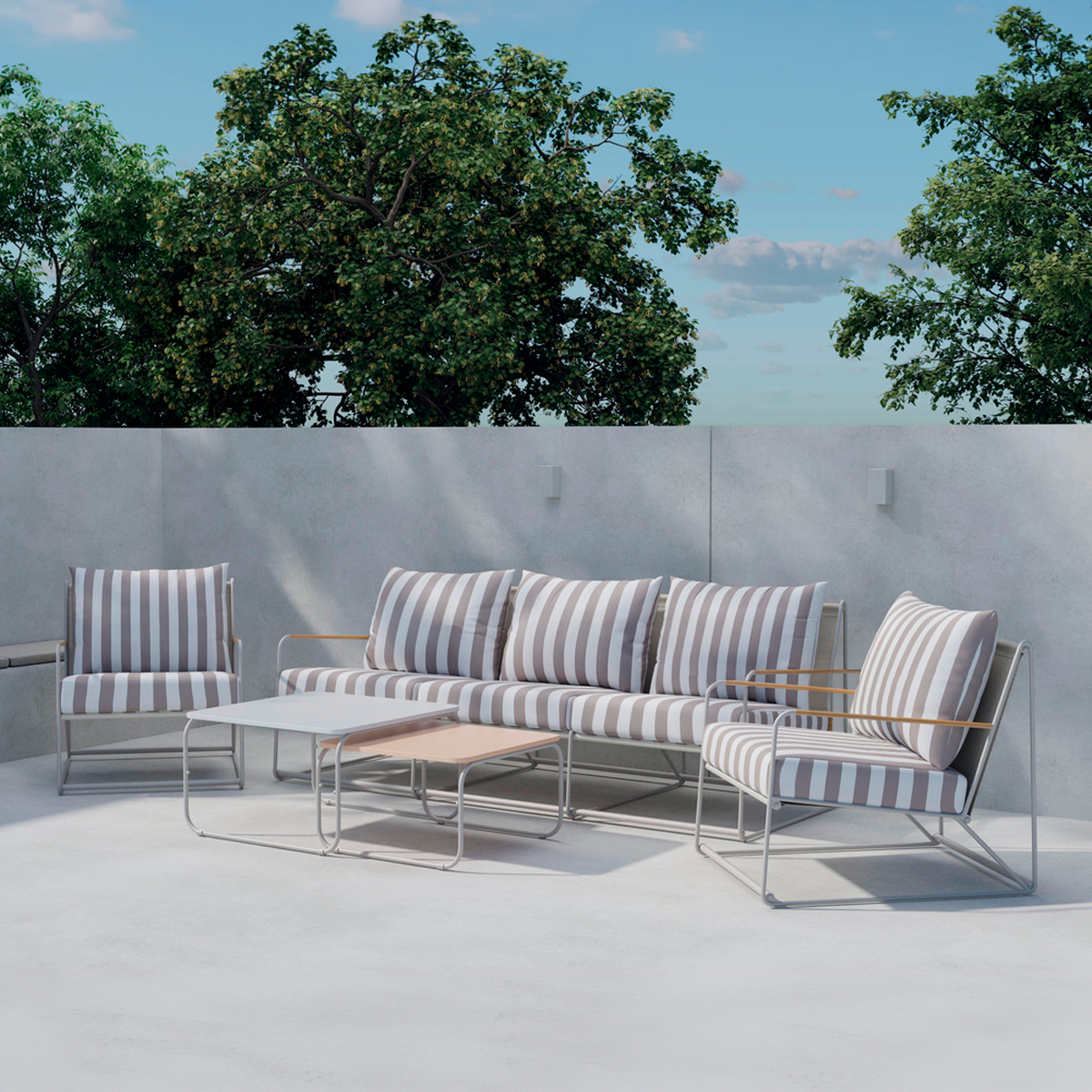 Paolo 4 delige tuin loungeset beige - driezitsbank, twee fauetuils en twee salontafels - met wit gestreepte zitkussens  tuinset - terras