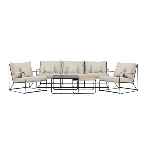 Paolo 4 delige tuin loungeset zwart - driezitsbank, twee fauteuils en twee salontafels - met beige zitkussens