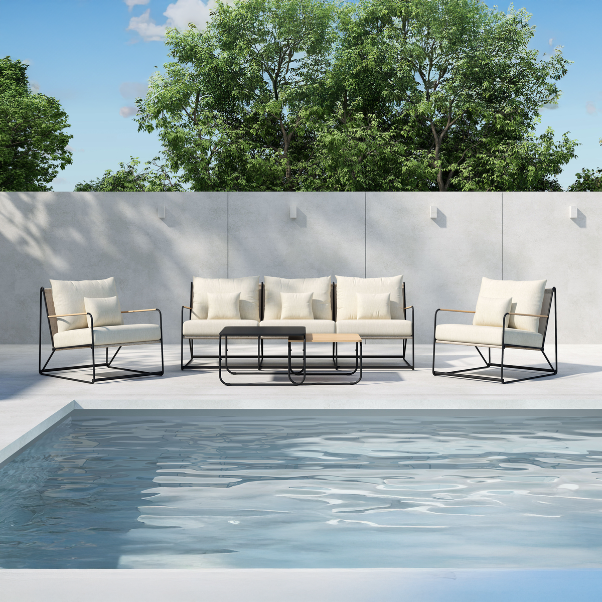 Paolo 4 delige tuin loungeset zwart - driezitsbank, twee fauetuils en twee salontafels - met beige zitkussens  tuinset - terras