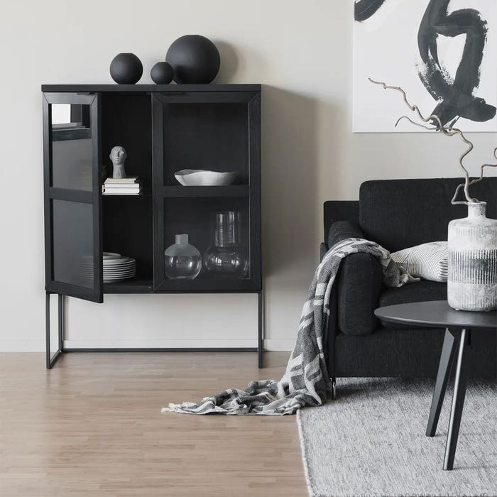 Everett houten vitrinekast zwart - 95 x 125 cm - buffetkast