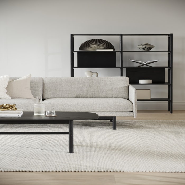 Hammond gestoffeerde 3 zitsbank grijs - zwart onderstel - 212 cm - bank - stof - houten poten - eiken