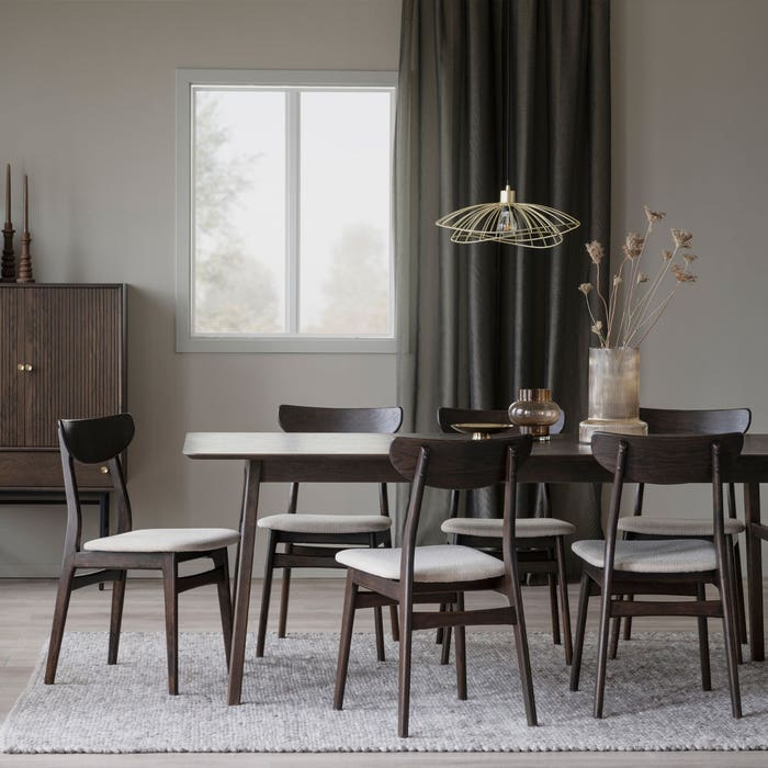 Rodham houten eetkamerstoel donker eiken - gestoffeerde zitting beige - design - retro - bruin - eettafelstoel - stof - scandinavisch - eiken - houten poten