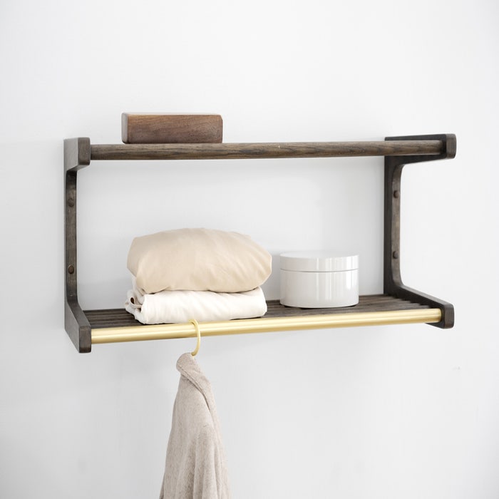 Inverness houten kapstok donker eiken - 80 x 28 cm - wandkapstok - hoedenplank - wandgarderobe - met plank - goud