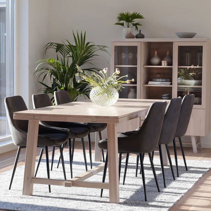 Brooklyn verlengbare houten eettafel whitewash - 220 x 95 cm - eetkamertafel - 6 persoons - 8 persoons - massief eiken - scandinavisch - lange - verlengbare