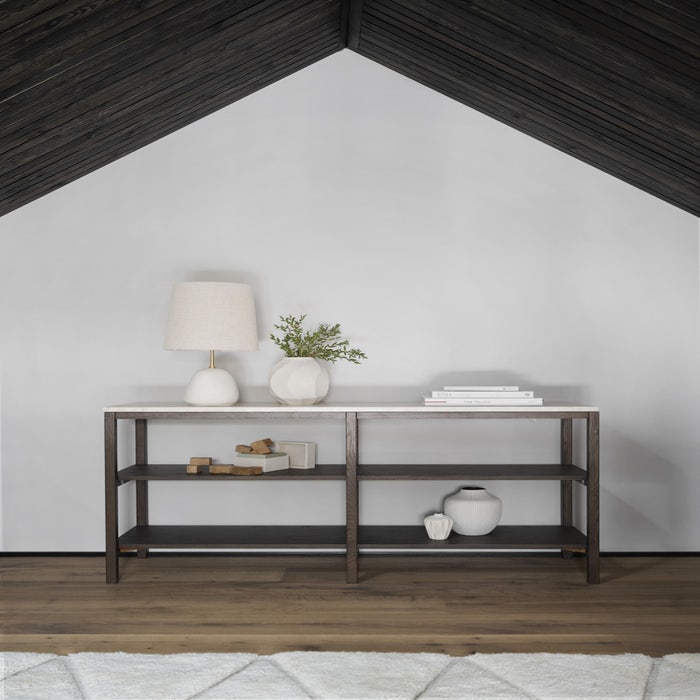 Orwel houten open kast met travertine blad - donker eiken - 140 cm - kast - landelijke - eiken - console table