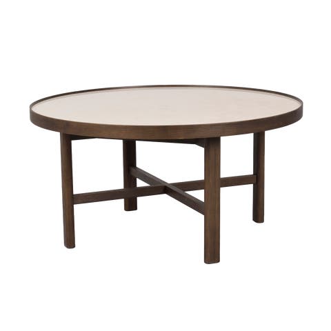 Marsden ronde houten salontafel bruin met beige keramieken tafelblad - Ø 90 cm