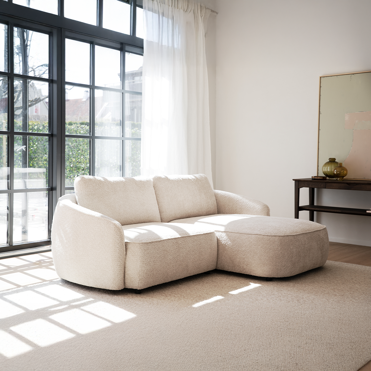 Norris gestoffeerde 3-zits hoekbank wit - rechts - 226 cm - bankstel - stof - crème - scandinavisch