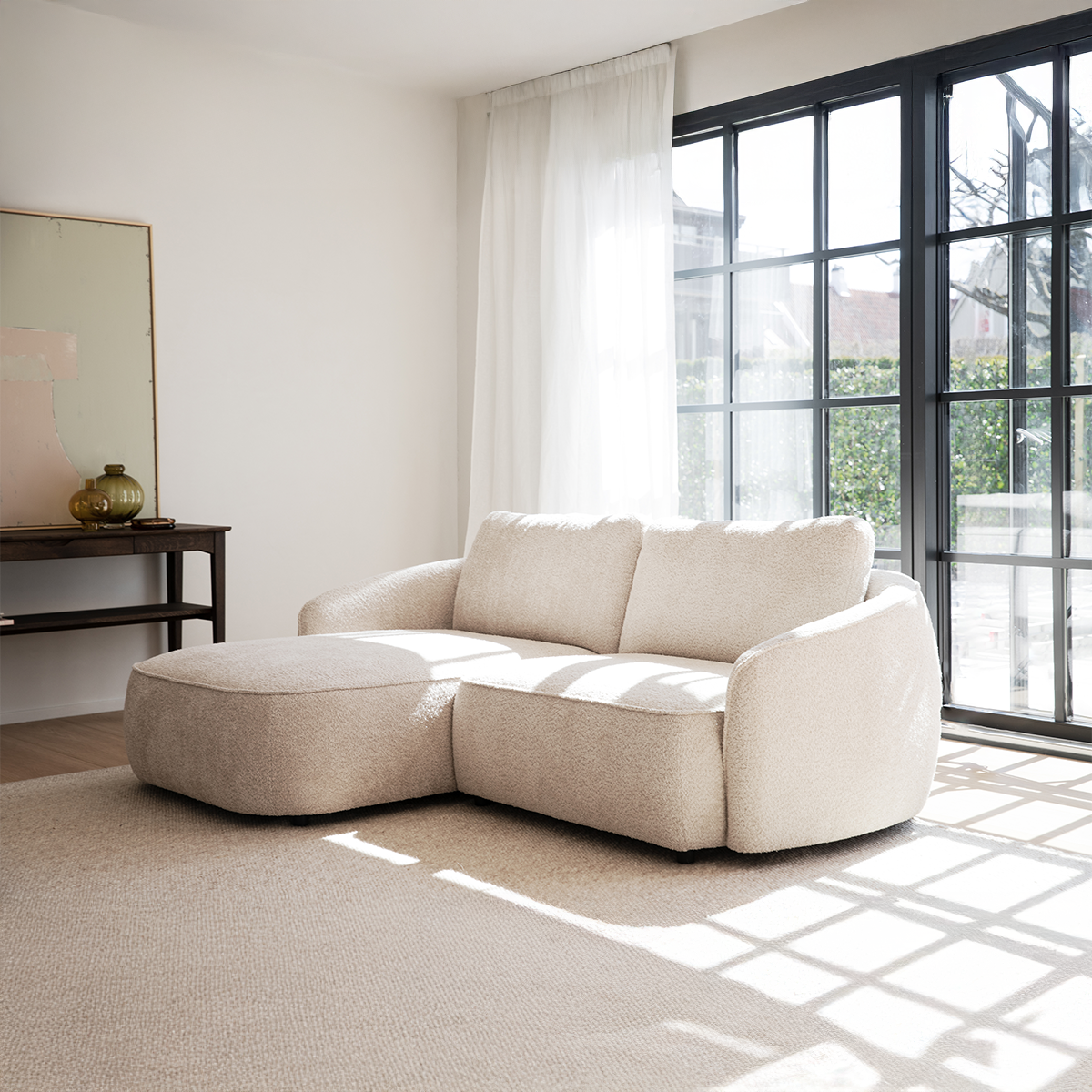 Norris gestoffeerde 3-zits hoekbank beige - links - 226 cm - bankstel - stof - zandkleur - lounge - scandinavisch